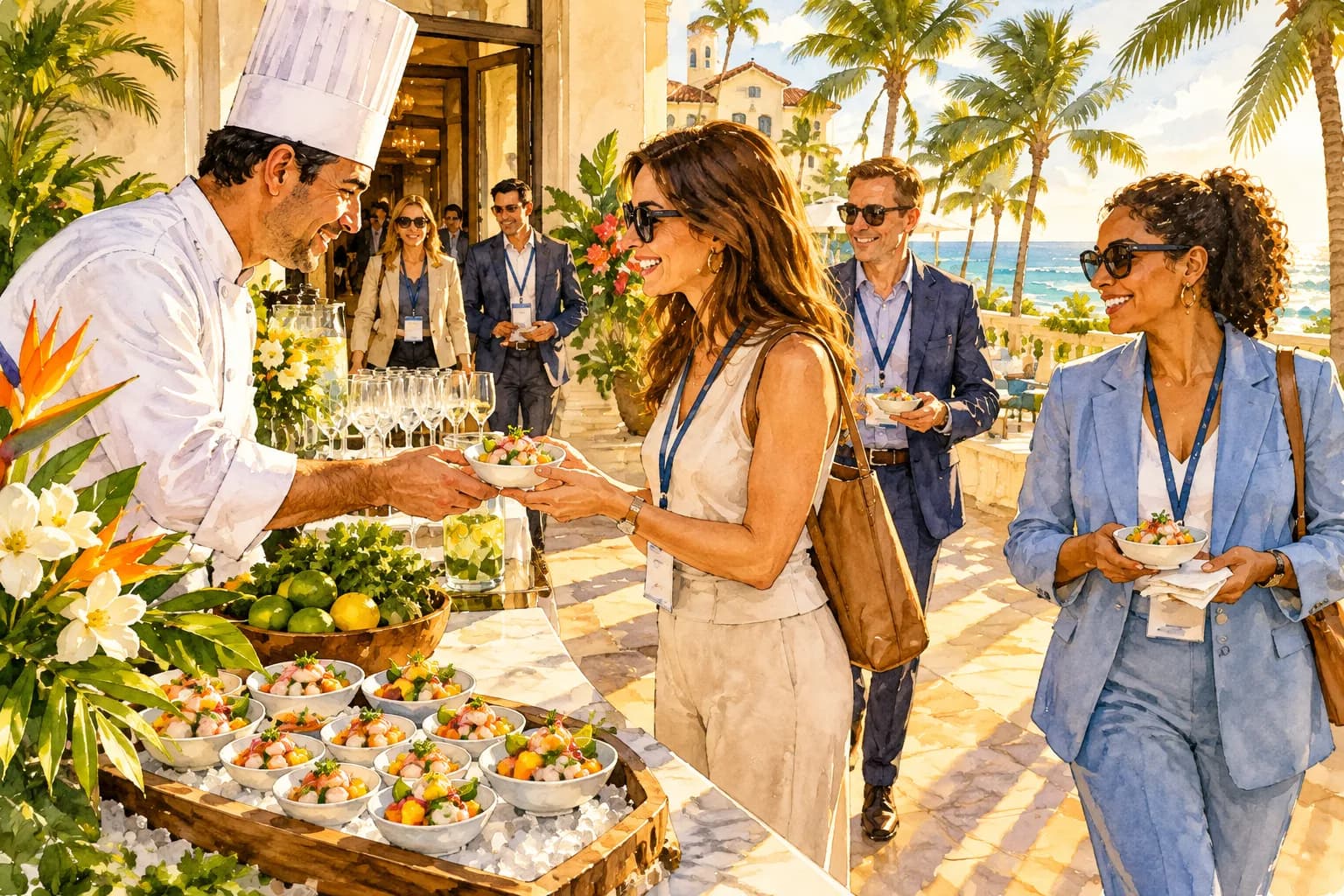 On a sunlit Palm Beach hotel terrace during a mid-afternoon conference break, a chef in crisp whites hands small chilled bowls of ceviche to attendees stepping out of a session, palms swaying and late-day light glinting off the glassware behind them.