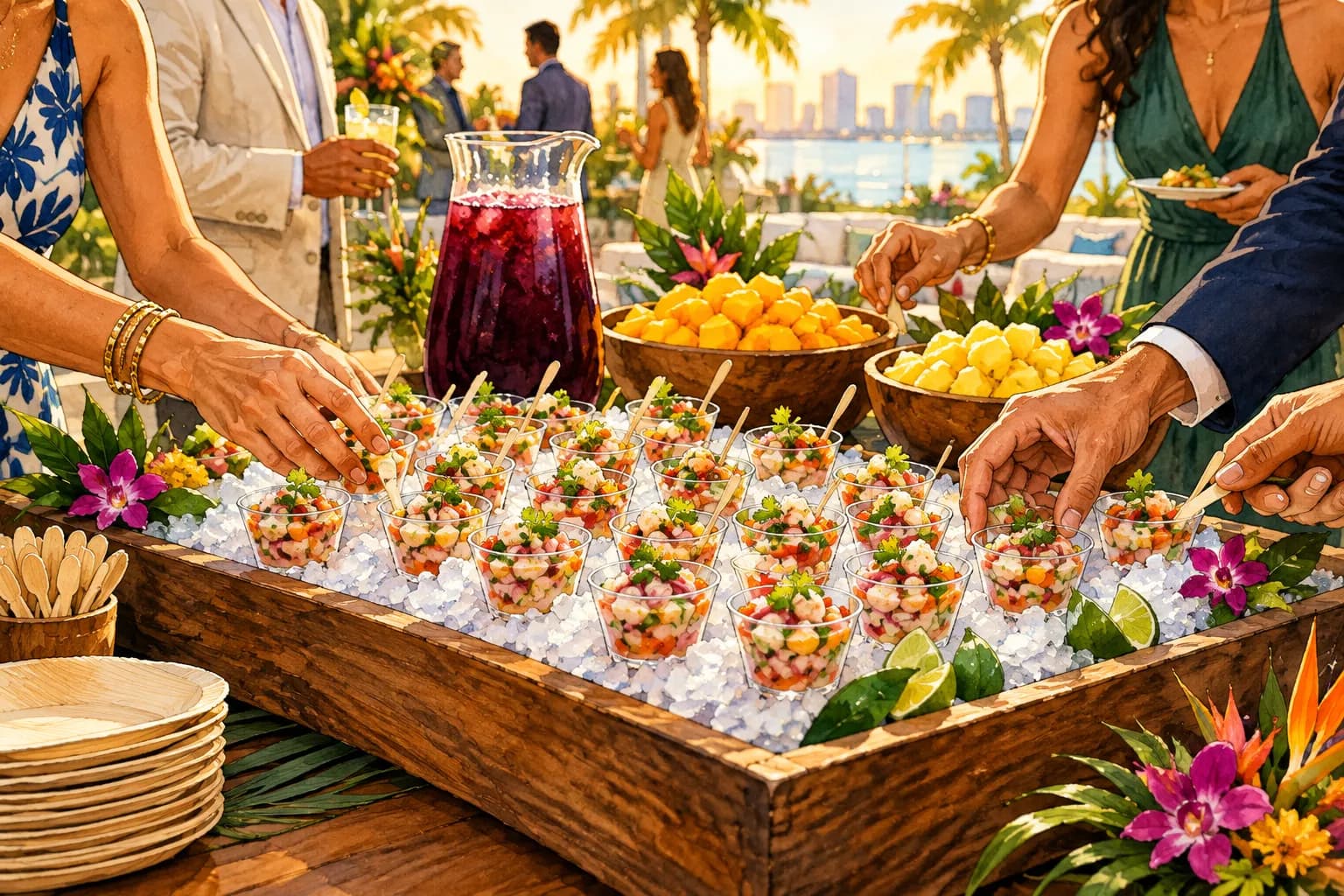 Illustration of a chilled refresh station with small ceviche cups on crushed ice