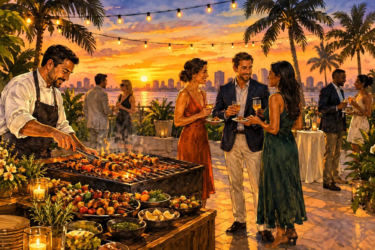 Sketch of an evening reception with a chef grilling skewers as guests gather to talk
