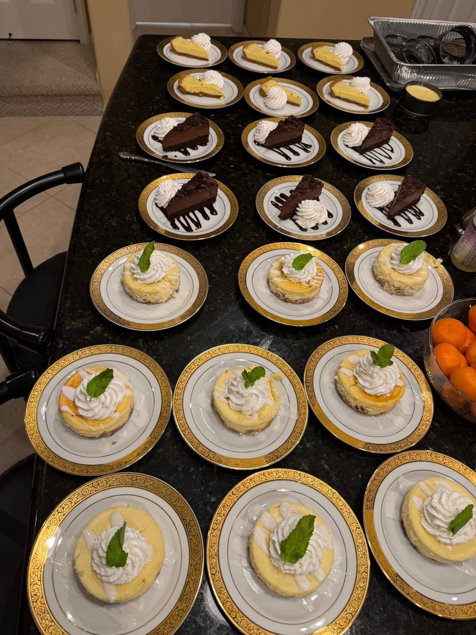 Plated dessert course of cheesecake and chocolate