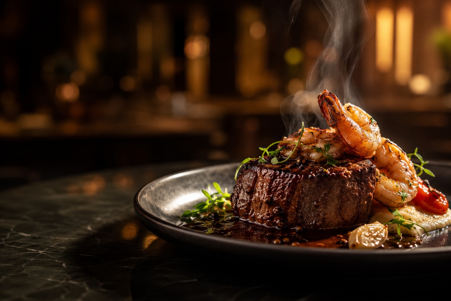 A plated filet mignon topped with garlic shrimp and steam, set against a warm, softly lit restaurant background
