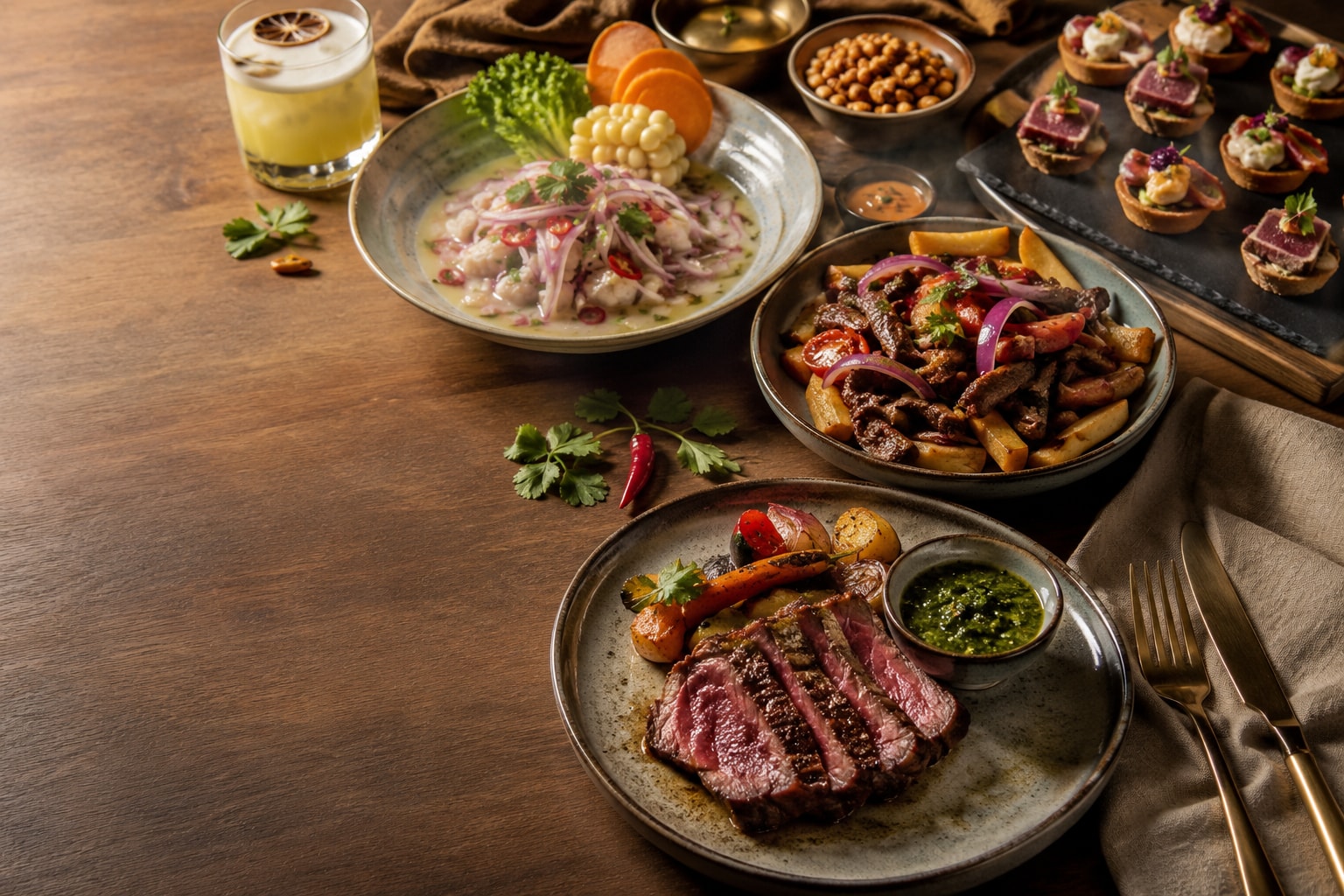 A curated tasting spread by Chef Pablo — coastal ceviche, Peruvian lomo saltado, a seared steak plate, and canapés on a warm chef's table